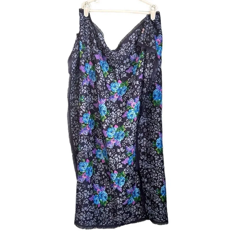 Honey Vintage 100% Wool Dark Blue Floral Print Fringed Edge Scarf Wrap